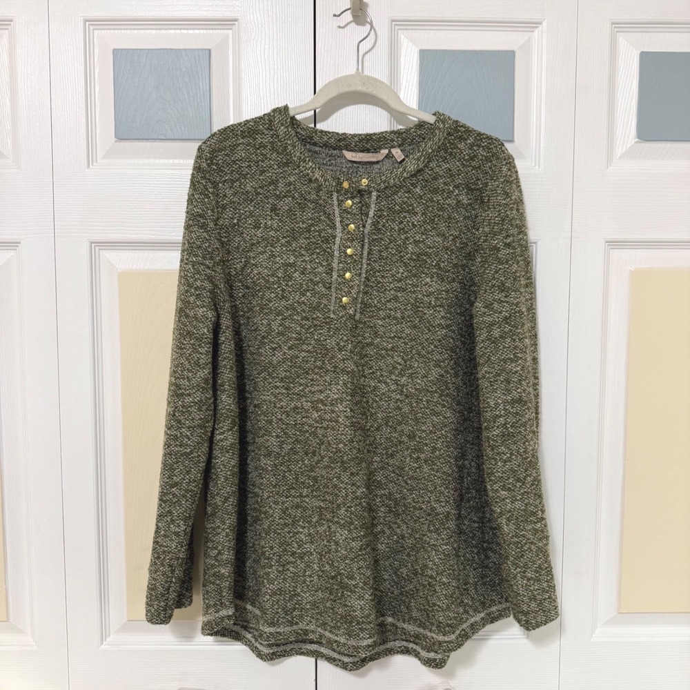 Soft Surroundings Textured Henley Sweater Olive Green‎ Gold Button XL